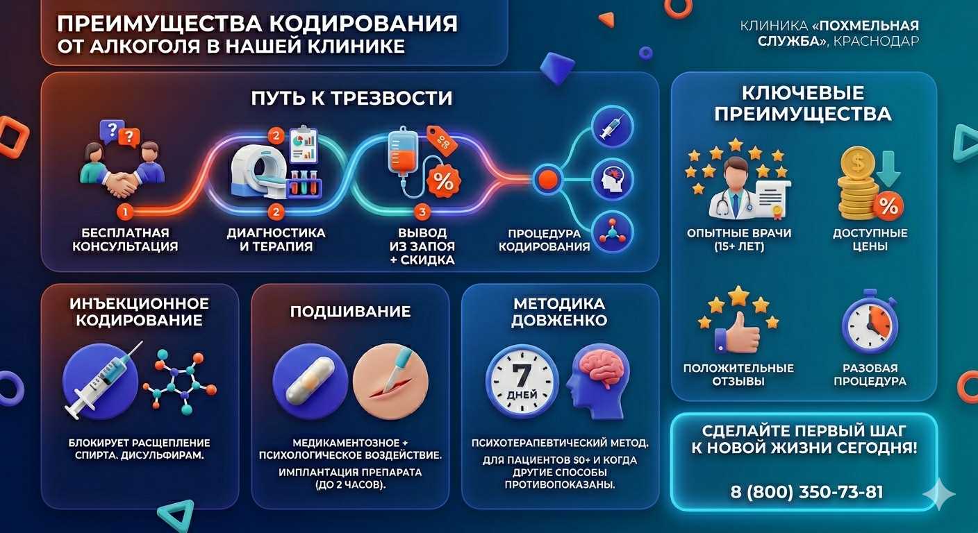 Инфографика о методах кодирования от алкоголя в Всеволожске: инъекции, подшивание, метод Довженко. Преимущества клиники и этапы лечения.