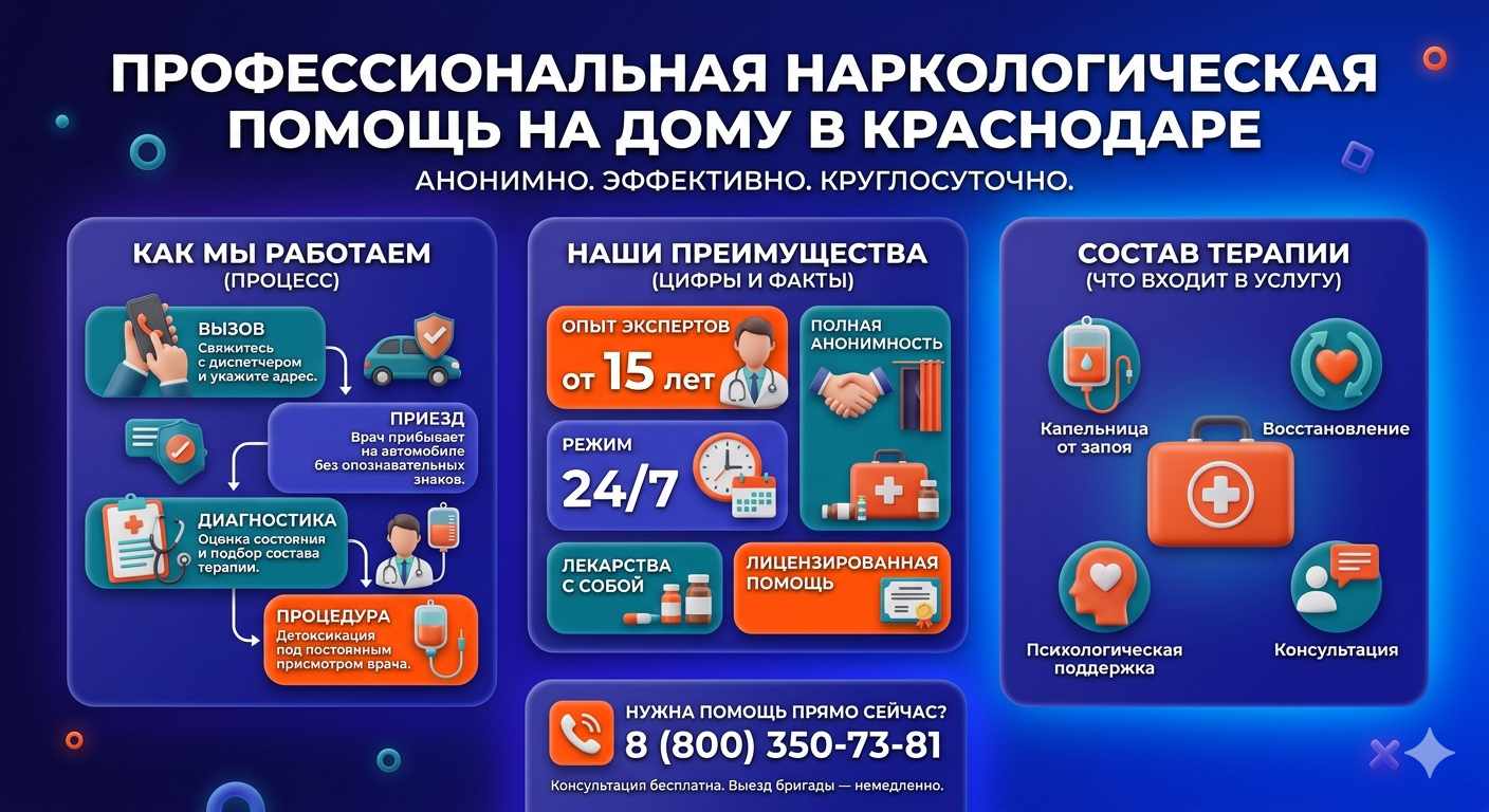Инфографика о принципах лечения алкоголизма на дому в Всеволожске: этапы вызова нарколога, преимущества анонимной детоксикации и состав медицинской помощи.